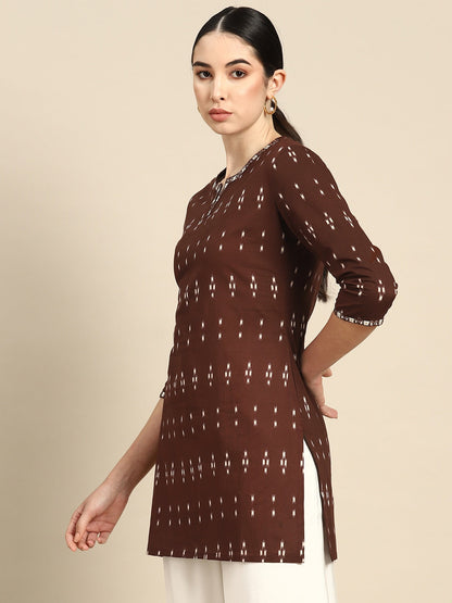 Women's Brown Embroidered Ikat Printed Straight Tunic