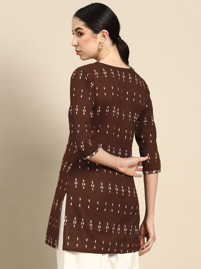 Women's Brown Embroidered Ikat Printed Straight Tunic