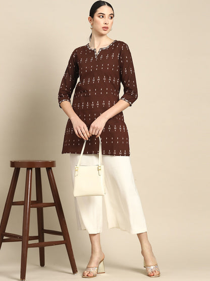 Women's Brown Embroidered Ikat Printed Straight Tunic