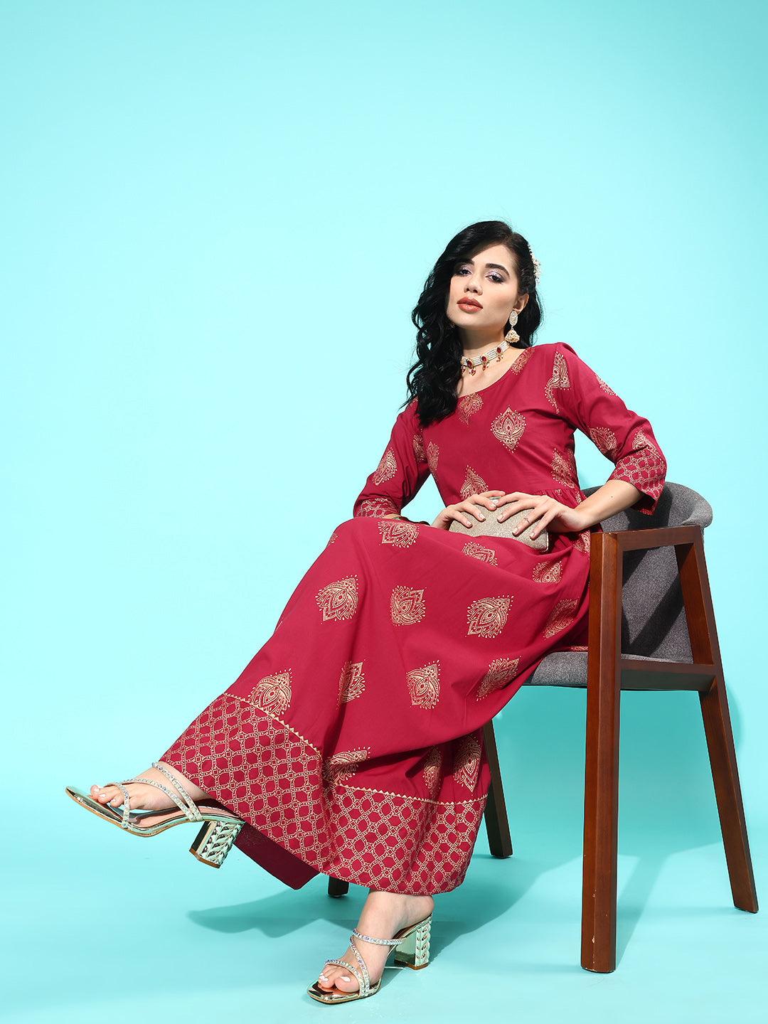 Women's Wome Maroon Ethnic Printed Flared Dress With Three Quarter sleeves