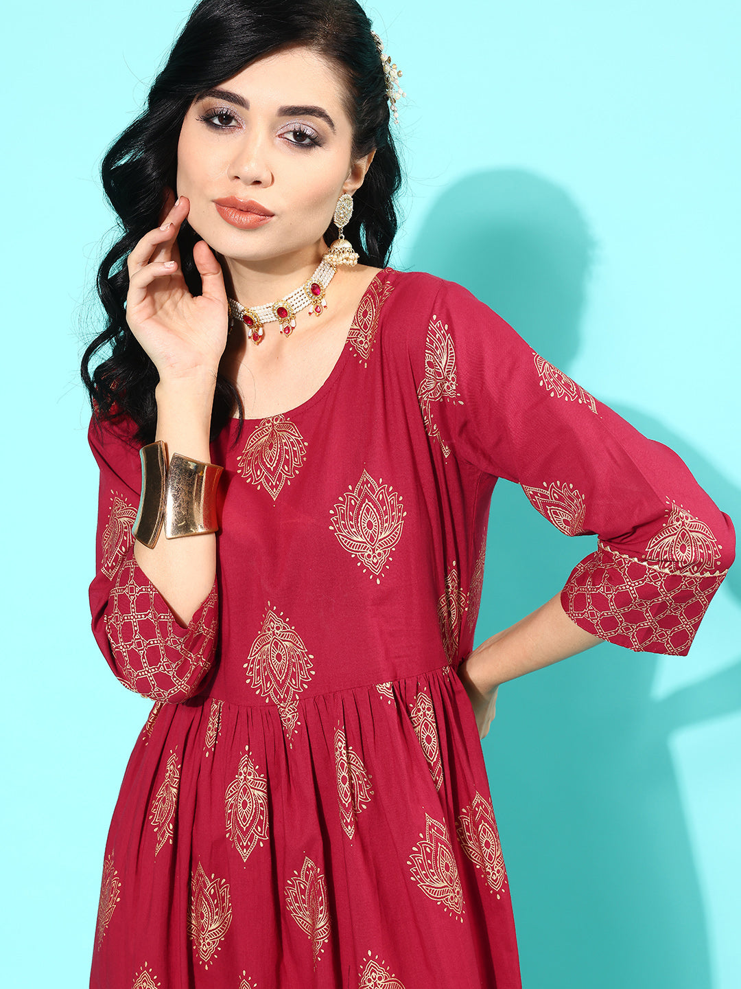 Women's Wome Maroon Ethnic Printed Flared Dress With Three Quarter sleeves