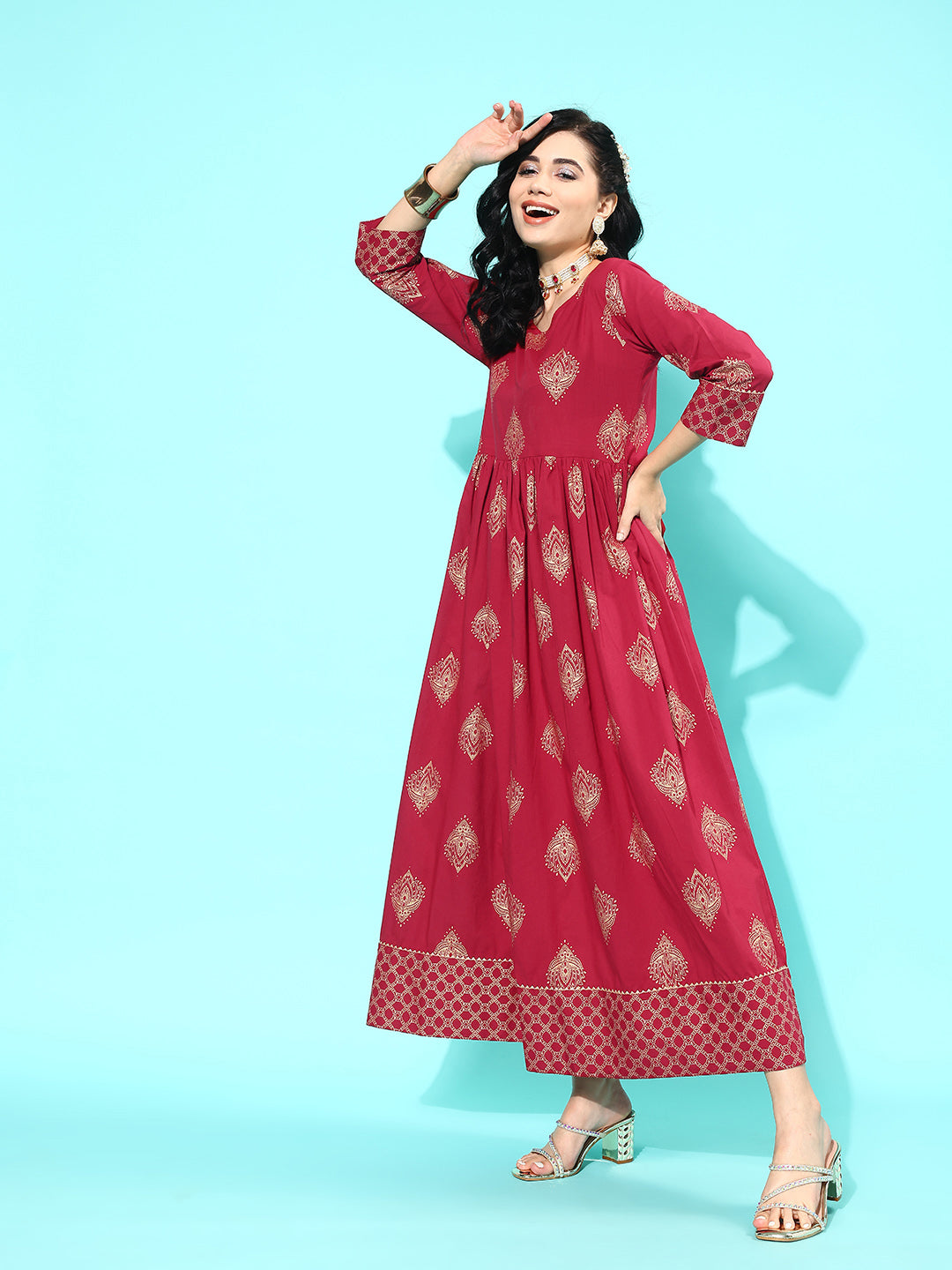 Women's Wome Maroon Ethnic Printed Flared Dress With Three Quarter sleeves