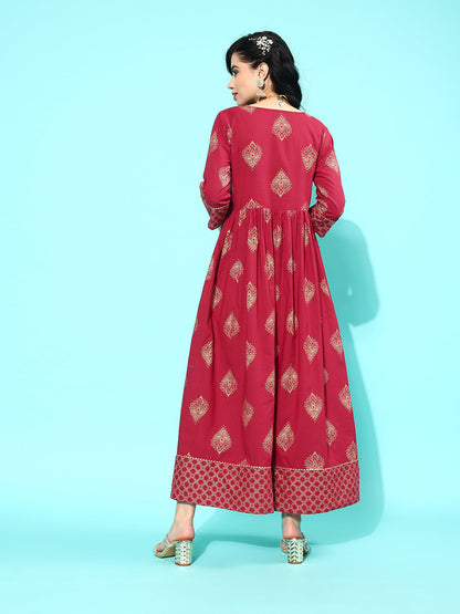 Women's Wome Maroon Ethnic Printed Flared Dress With Three Quarter sleeves
