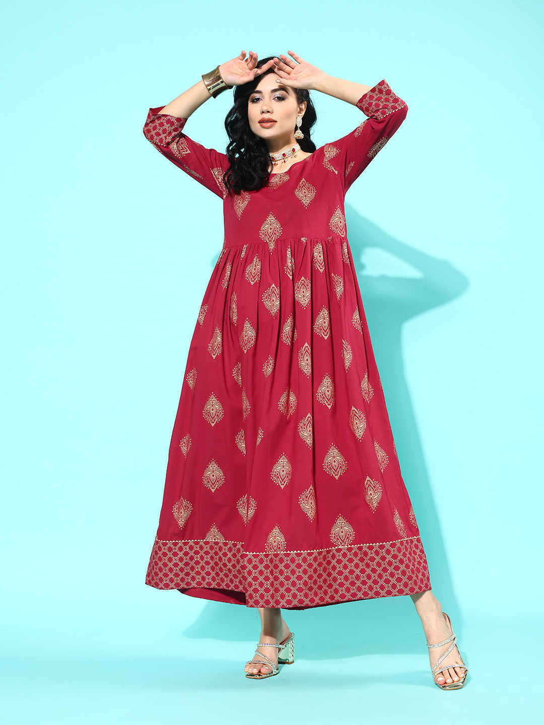 Women's Wome Maroon Ethnic Printed Flared Dress With Three Quarter sleeves