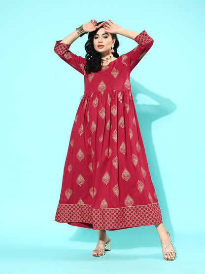Women's Wome Maroon Ethnic Printed Flared Dress With Three Quarter sleeves