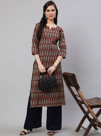 Women's Maroon Printed Straight Kurta With Three Quarter Sleeves