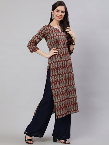 Women's Maroon Printed Straight Kurta With Three Quarter Sleeves