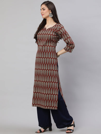Women's Maroon Printed Straight Kurta With Three Quarter Sleeves