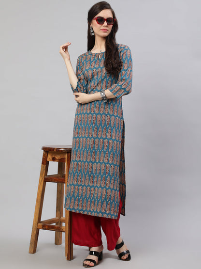 Women's Blue Ethnic Printed Straight Kurta with Three Quarter Sleeves
