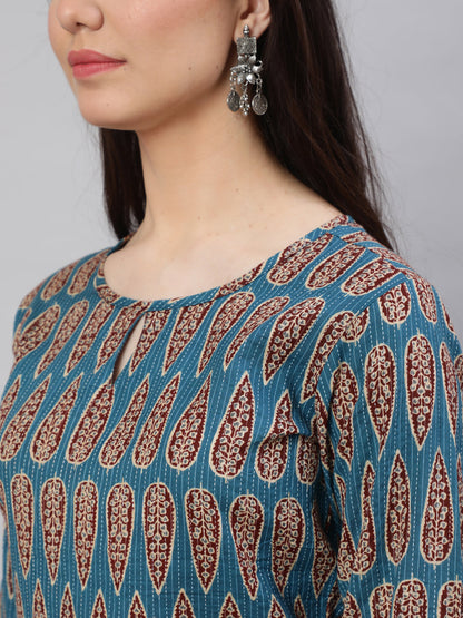 Women's Blue Ethnic Printed Straight Kurta with Three Quarter Sleeves