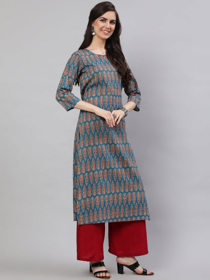 Women's Blue Ethnic Printed Straight Kurta with Three Quarter Sleeves
