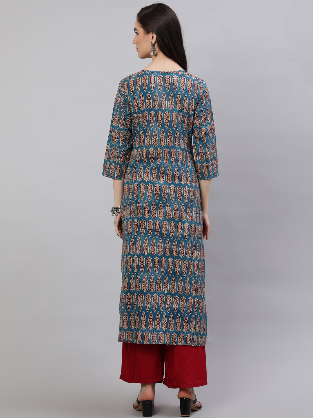 Women's Blue Ethnic Printed Straight Kurta with Three Quarter Sleeves