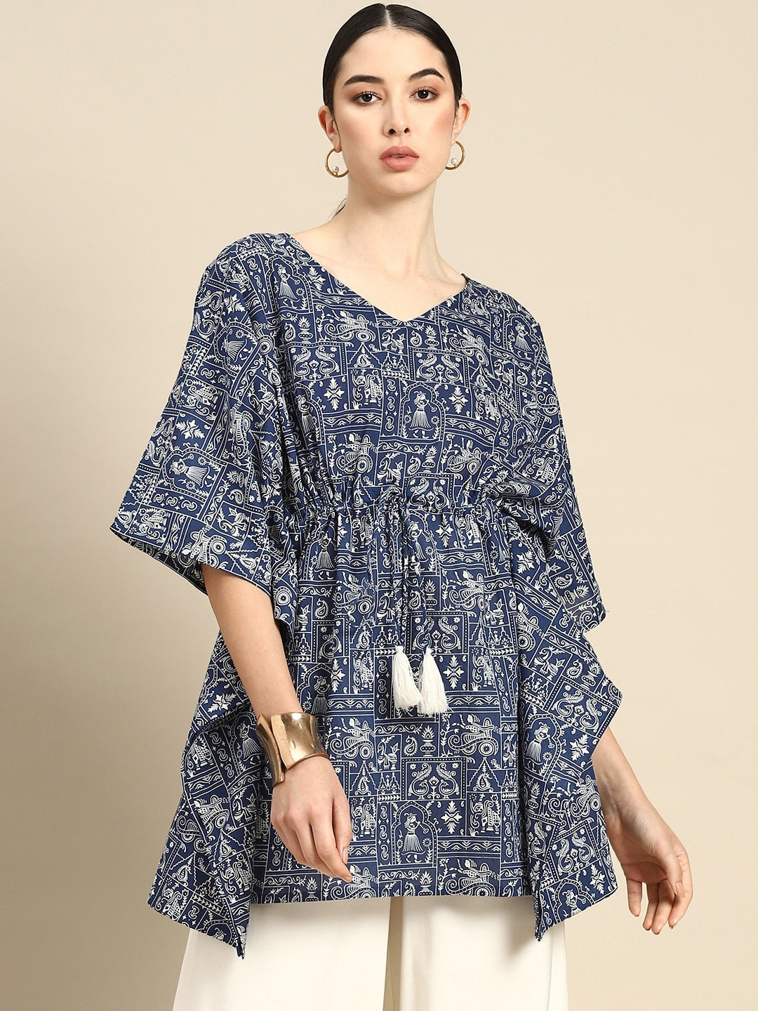 Women's Navy Blue & White Printed Ethnic Tunic Kaftan