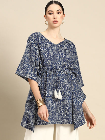 Women's Navy Blue & White Printed Ethnic Tunic Kaftan