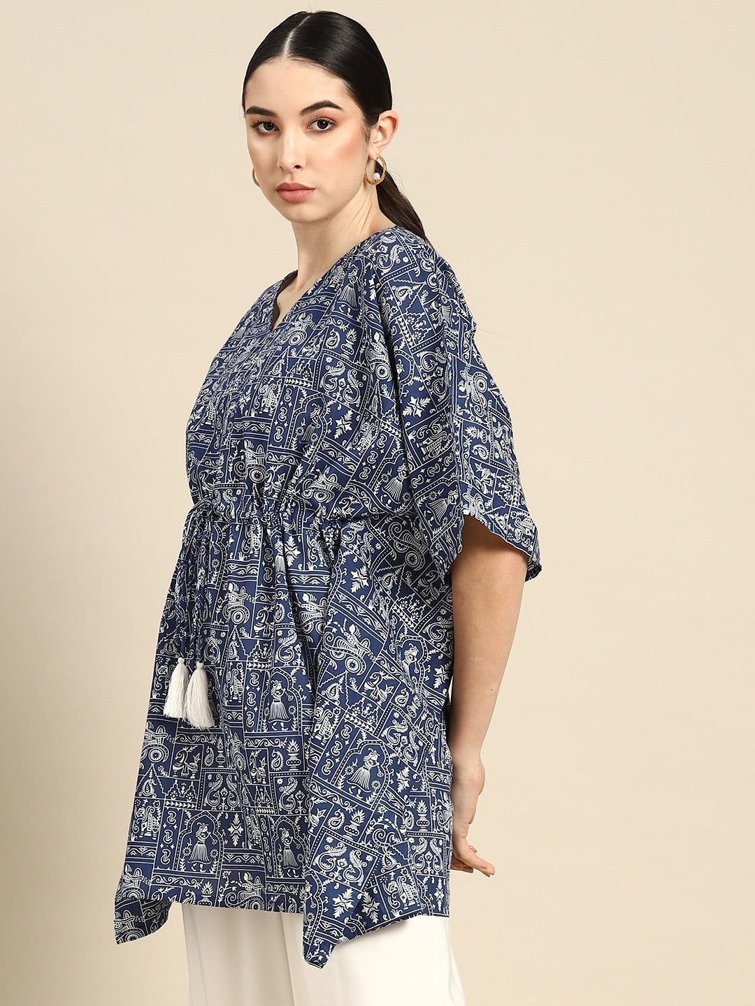 Women's Navy Blue & White Printed Ethnic Tunic Kaftan