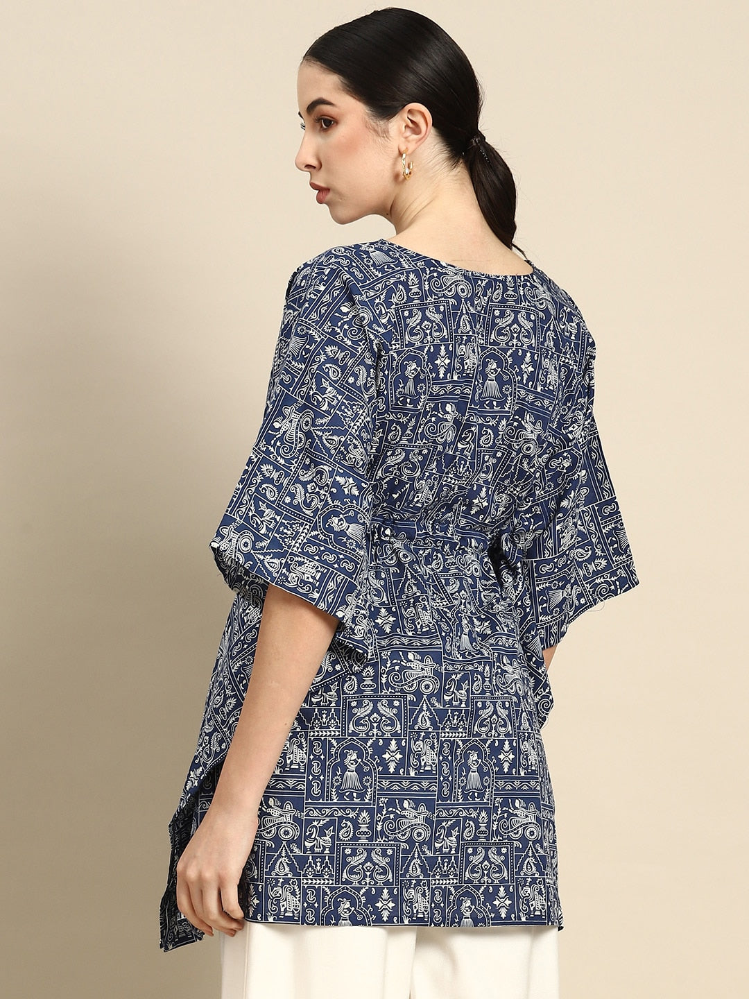 Women's Navy Blue & White Printed Ethnic Tunic Kaftan