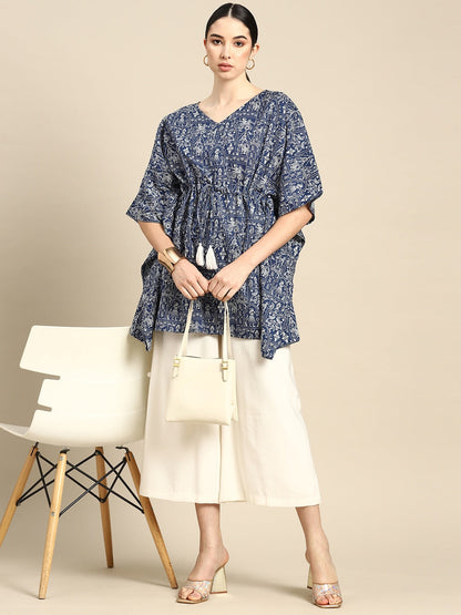 Women's Navy Blue & White Printed Ethnic Tunic Kaftan