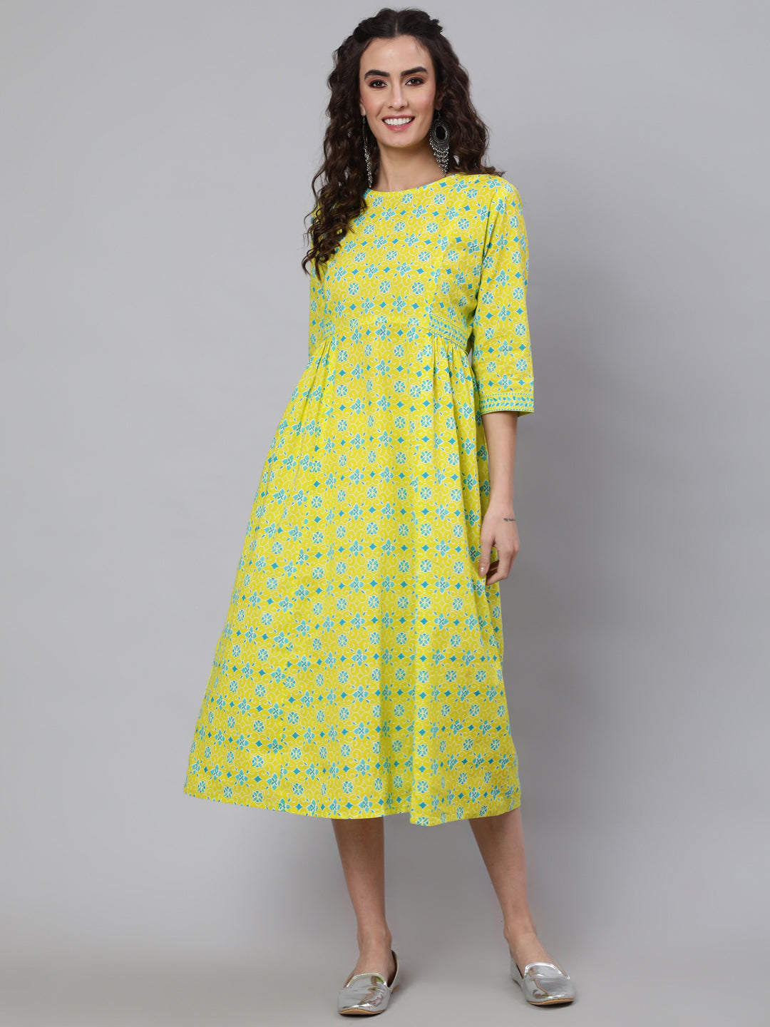 Women's Wome Yellow Ethnic Printed Flared Dress With Three Quarter sleeves