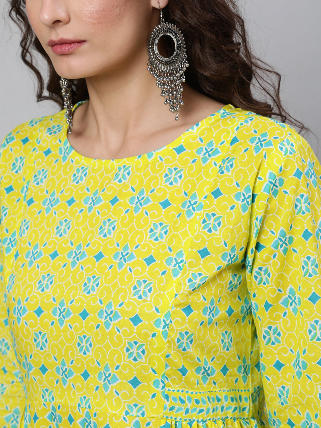 Women's Wome Yellow Ethnic Printed Flared Dress With Three Quarter sleeves