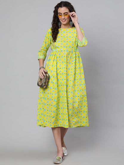 Women's Wome Yellow Ethnic Printed Flared Dress With Three Quarter sleeves