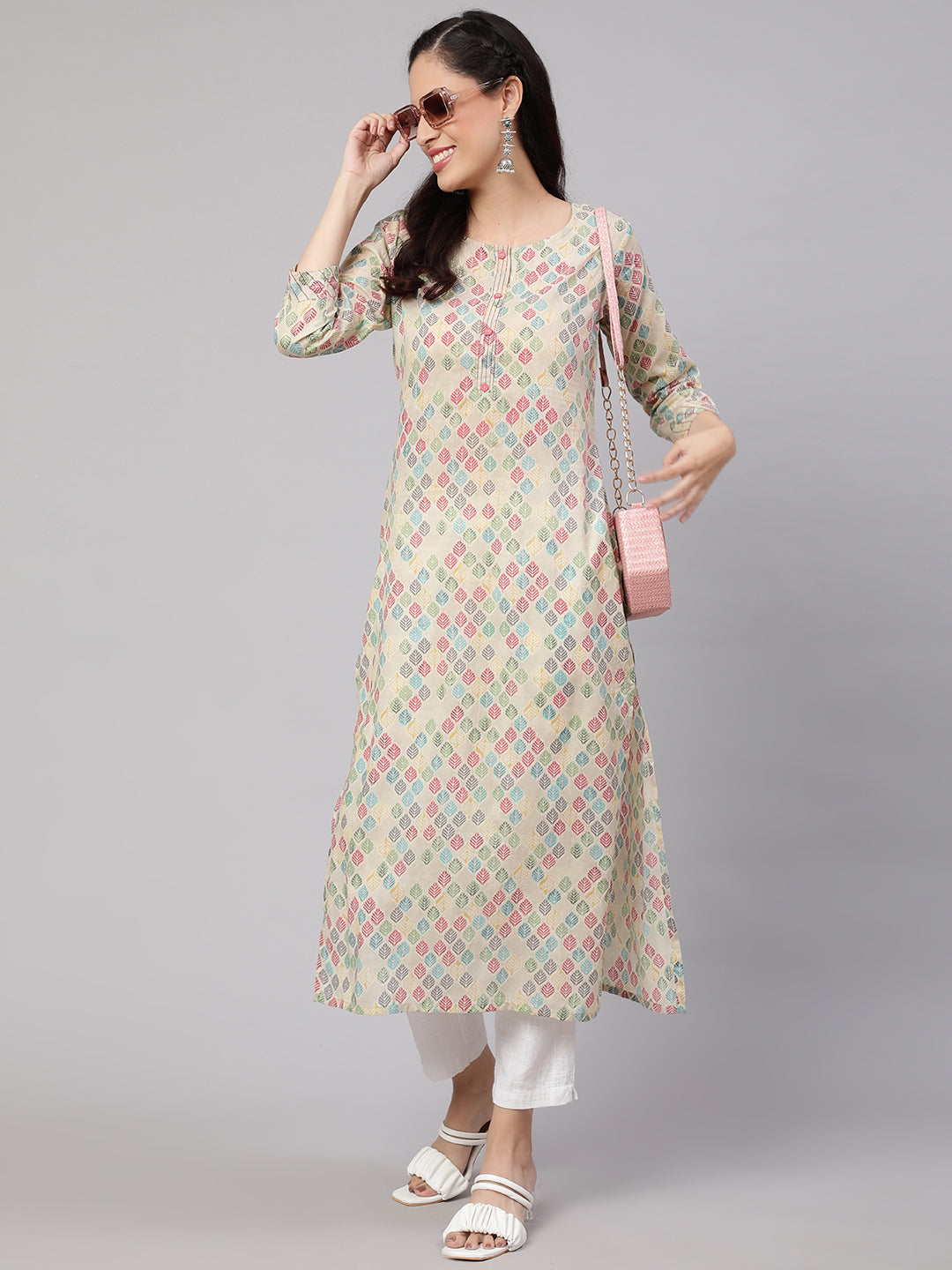 Women's Multi Ikat Printed Straight Kurta with Three Quarter Sleeves