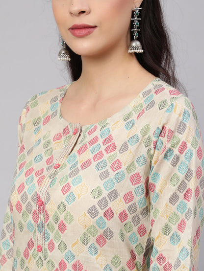 Women's Multi Ikat Printed Straight Kurta with Three Quarter Sleeves