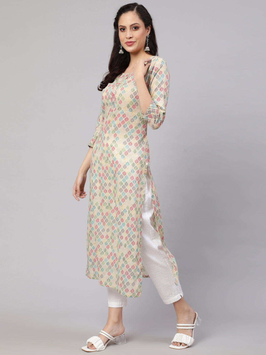 Women's Multi Ikat Printed Straight Kurta with Three Quarter Sleeves