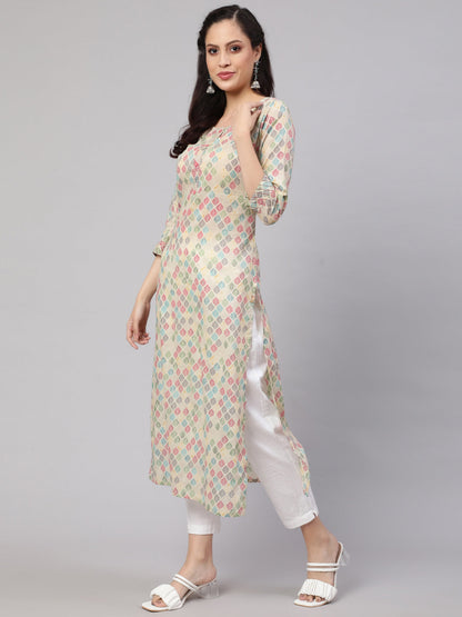 Women's Multi Ikat Printed Straight Kurta with Three Quarter Sleeves