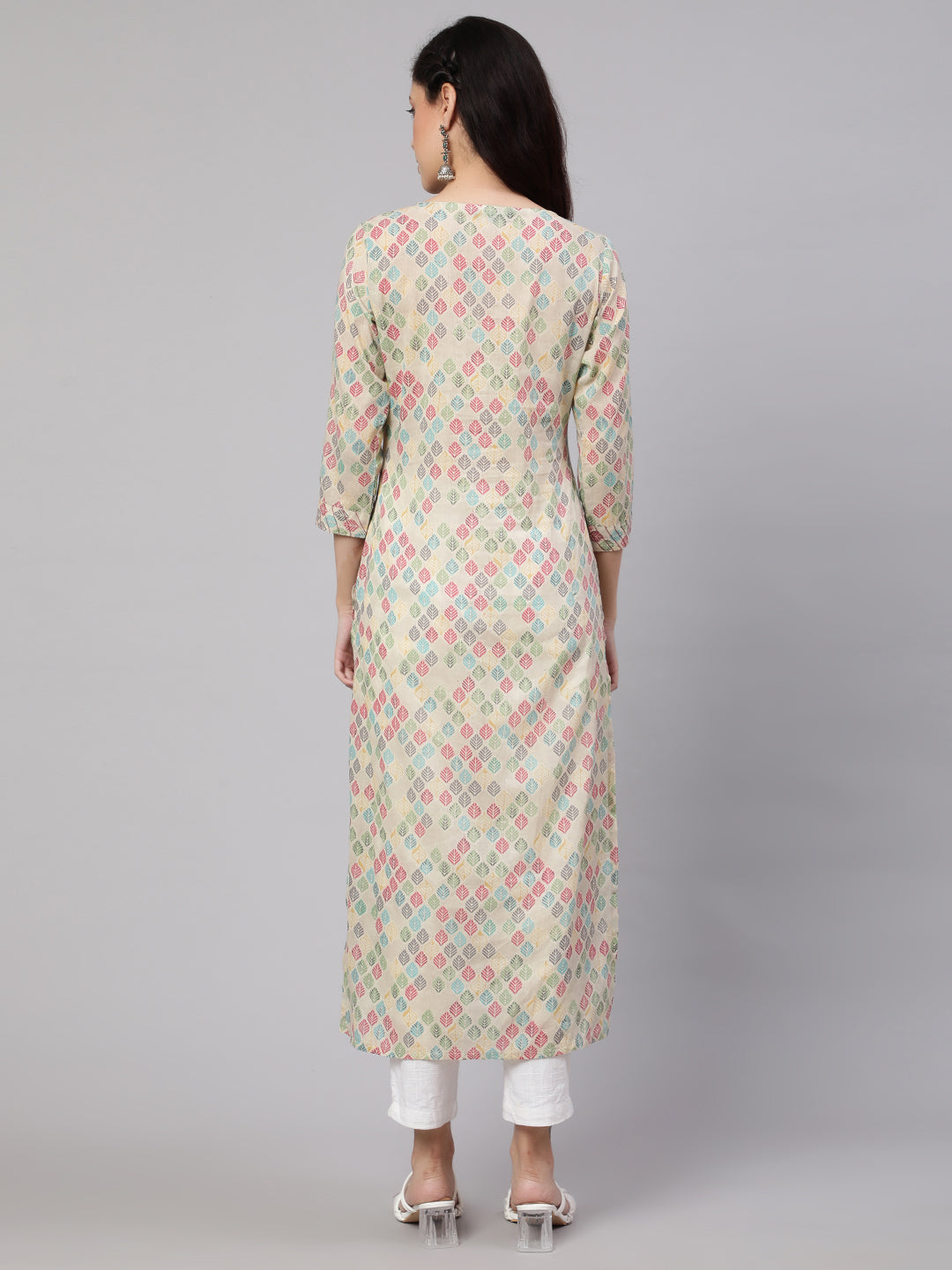 Women's Multi Ikat Printed Straight Kurta with Three Quarter Sleeves