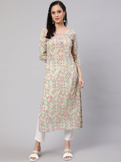 Women's Multi Ikat Printed Straight Kurta with Three Quarter Sleeves