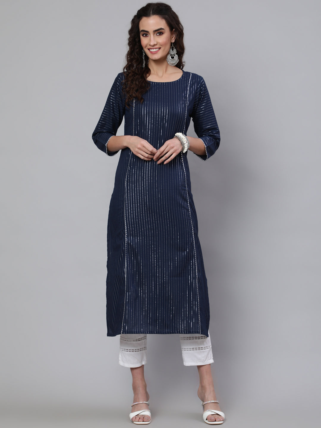 Women's Navy Blue Striped Lurex Straight Kurta with Three Quarter Sleeves