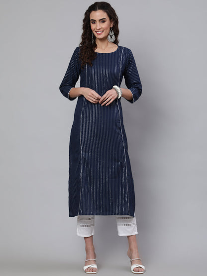 Women's Navy Blue Striped Lurex Straight Kurta with Three Quarter Sleeves