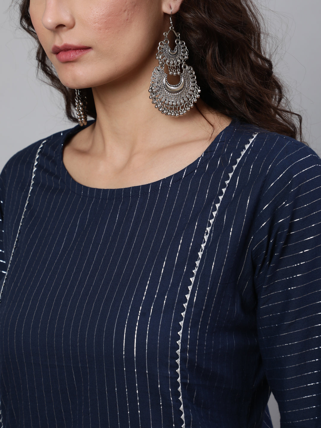 Women's Navy Blue Striped Lurex Straight Kurta with Three Quarter Sleeves