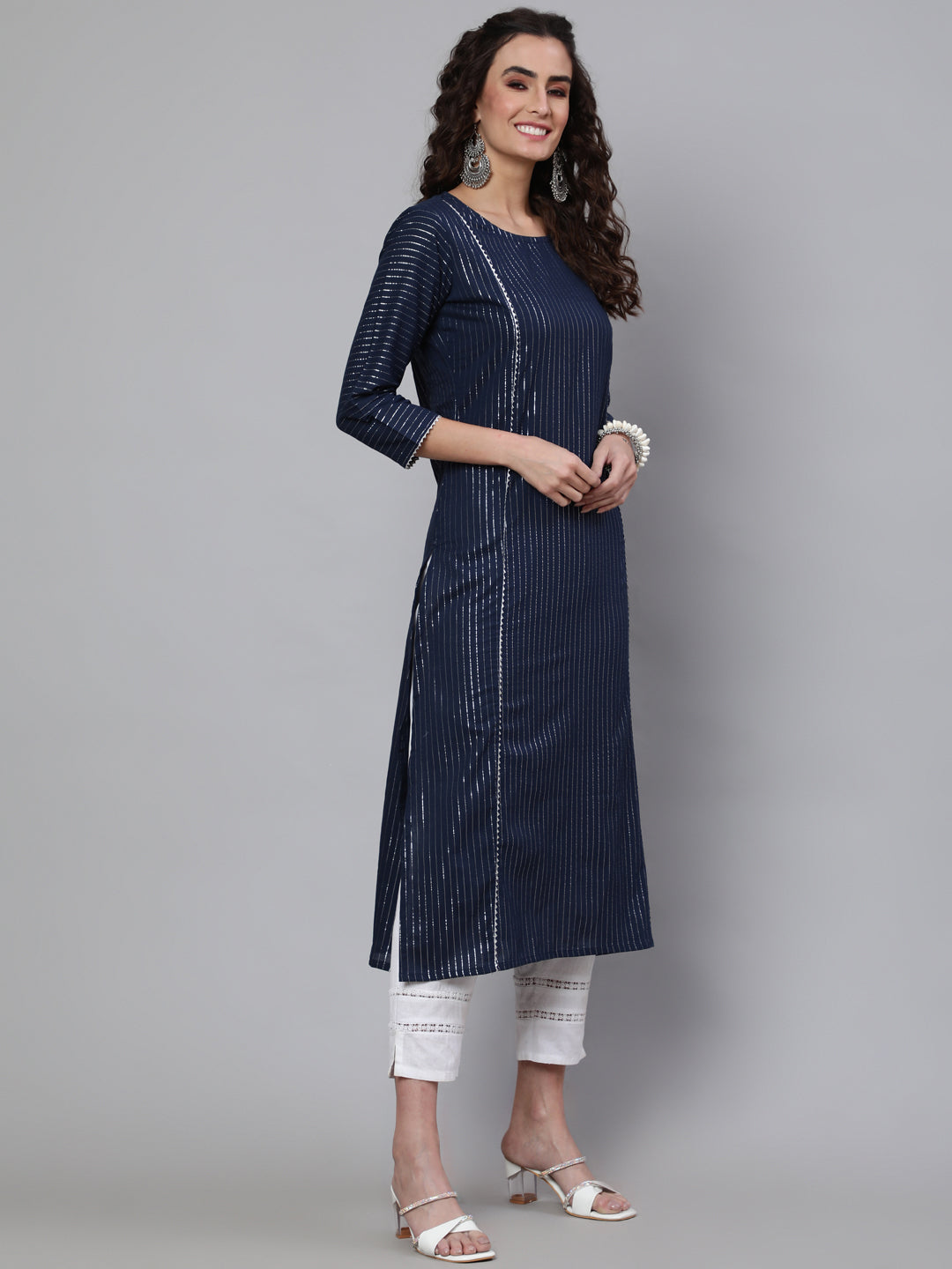 Women's Navy Blue Striped Lurex Straight Kurta with Three Quarter Sleeves