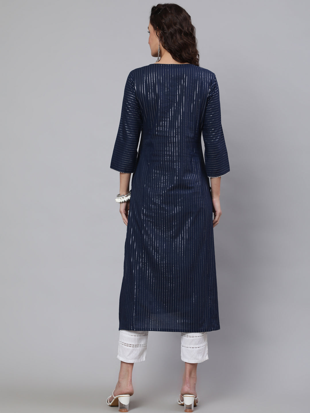 Women's Navy Blue Striped Lurex Straight Kurta with Three Quarter Sleeves