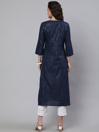 Women's Navy Blue Striped Lurex Straight Kurta with Three Quarter Sleeves