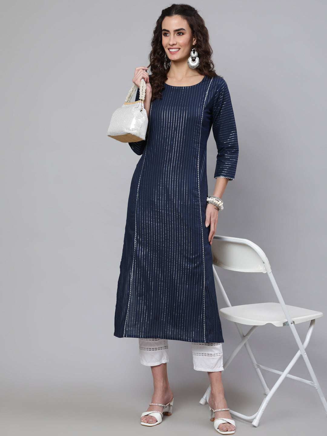 Women's Navy Blue Striped Lurex Straight Kurta with Three Quarter Sleeves