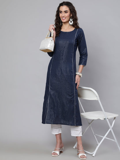 Women's Navy Blue Striped Lurex Straight Kurta with Three Quarter Sleeves