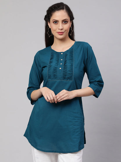 Women's Teal Blue Straight Tunic With Three Quaretr Sleeves