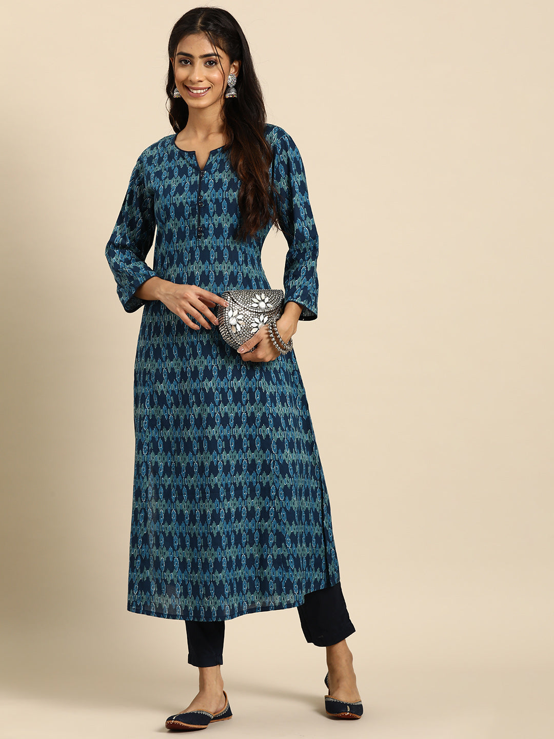 Women's Blue Ethnic Printed Straight Kurta with Three Quarter Sleeves
