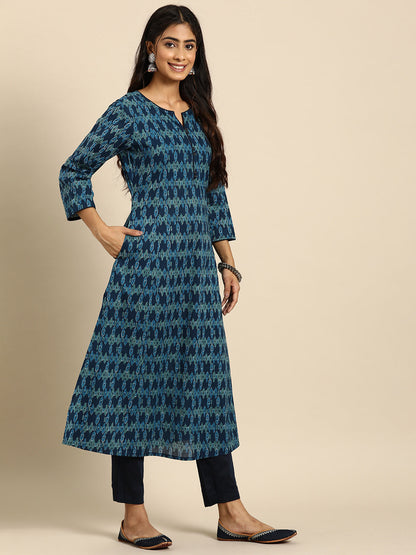 Women's Blue Ethnic Printed Straight Kurta with Three Quarter Sleeves