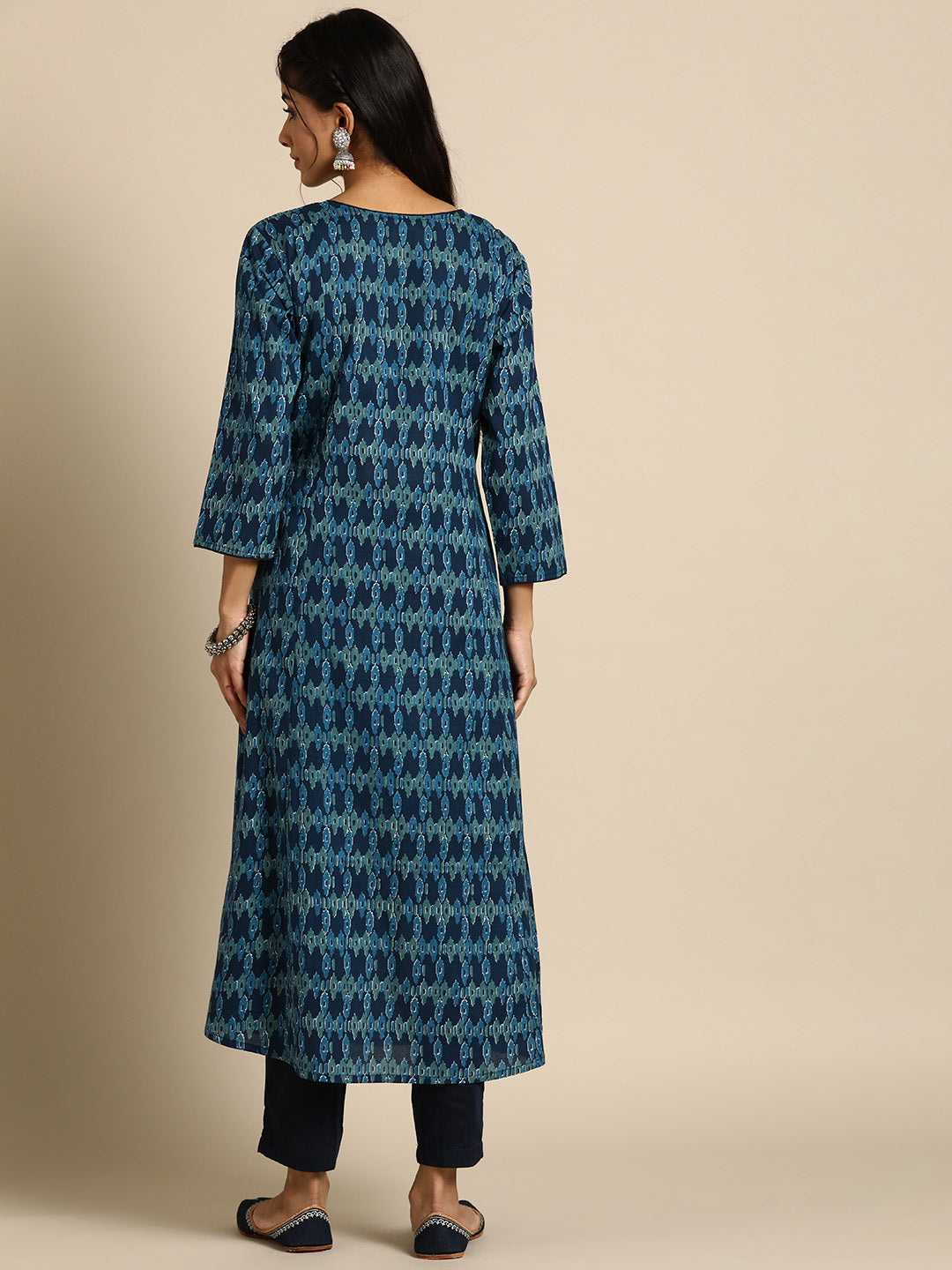 Women's Blue Ethnic Printed Straight Kurta with Three Quarter Sleeves