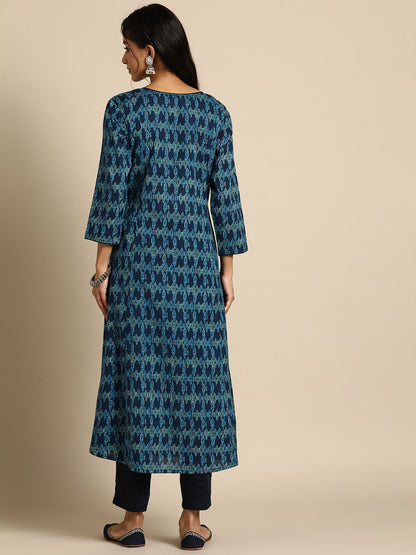 Women's Blue Ethnic Printed Straight Kurta with Three Quarter Sleeves