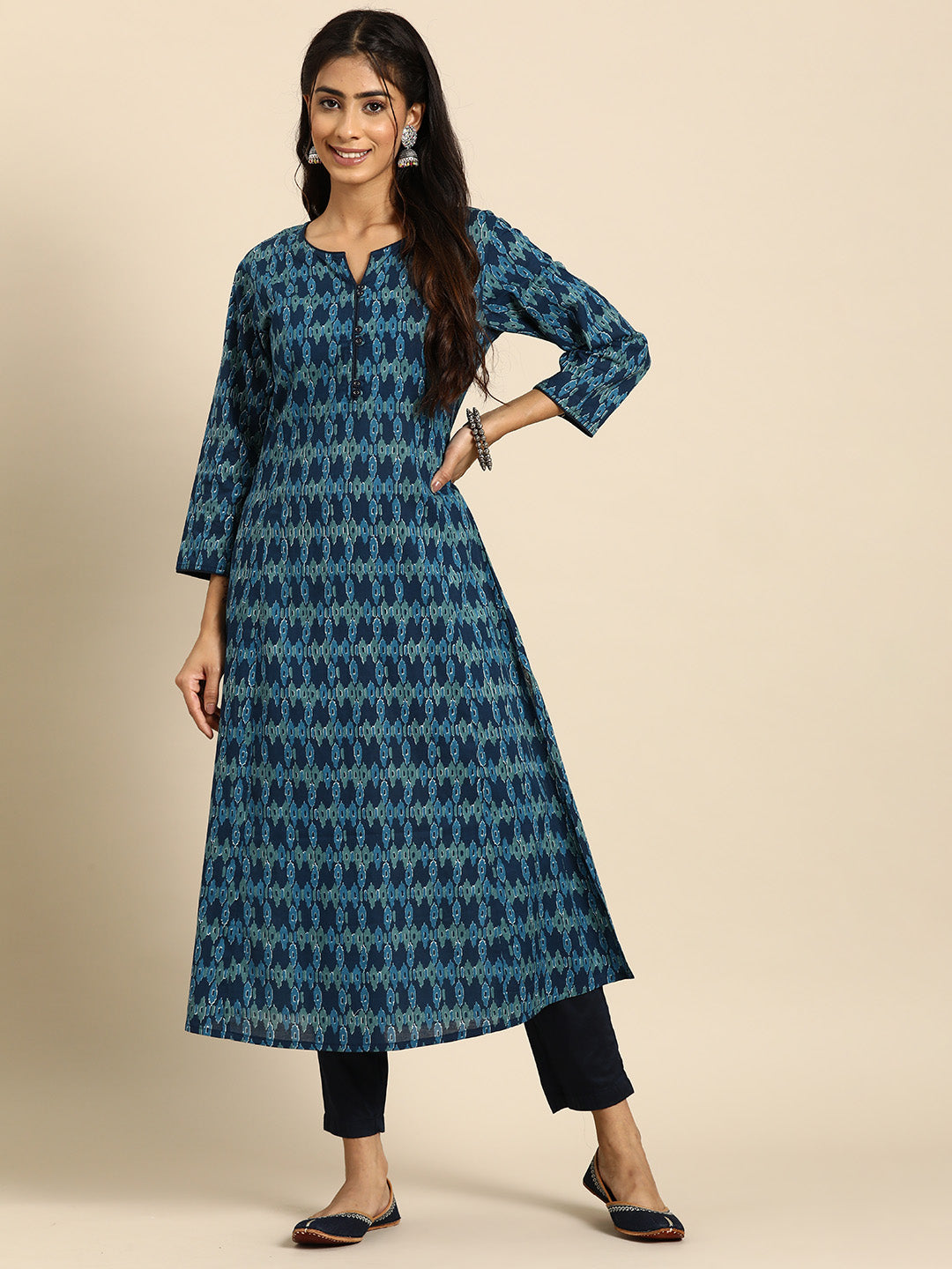 Women's Blue Ethnic Printed Straight Kurta with Three Quarter Sleeves