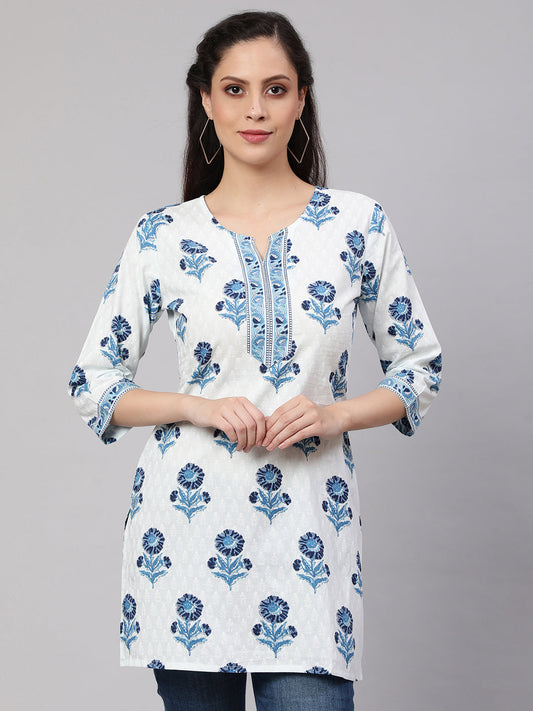 Women's Off White Printed Straight Tunic With Three Quarter Sleeves