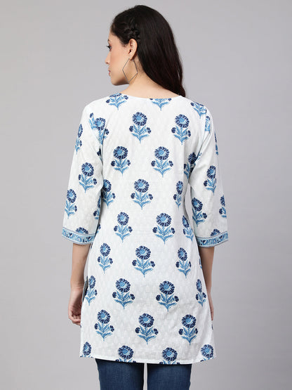 Women's Off White Printed Straight Tunic With Three Quarter Sleeves