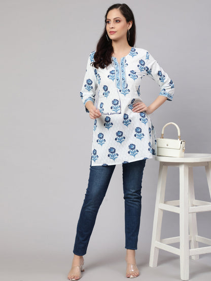 Women's Off White Printed Straight Tunic With Three Quarter Sleeves