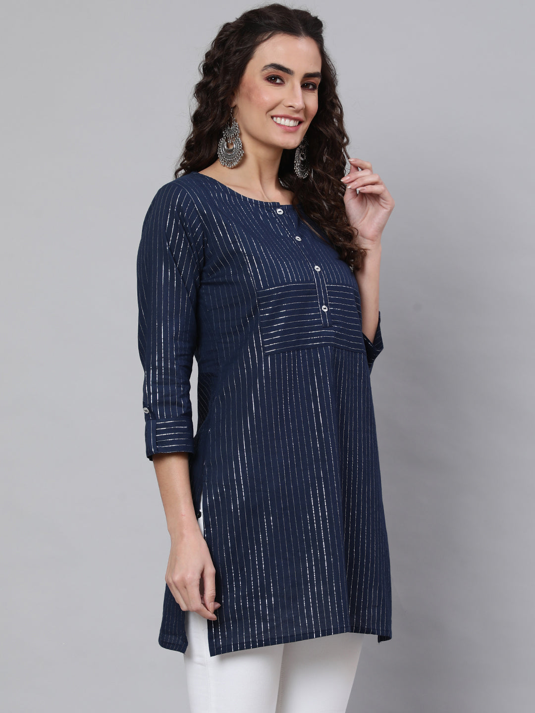 Women's Navy Blue Stripe Straight Tunic