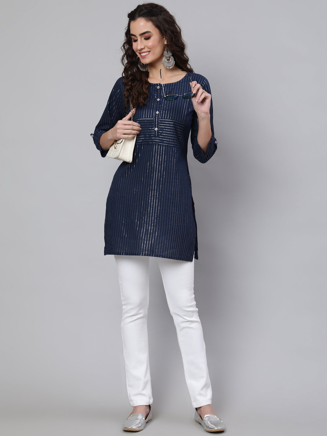 Women's Navy Blue Stripe Straight Tunic