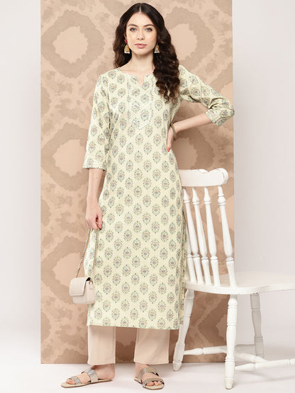 Women's Cream Printed Straight Kurta With Three Quarter Sleeves